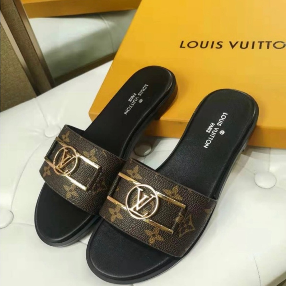 Louis Vuitton Brown Monogram Logo Slide Sandals